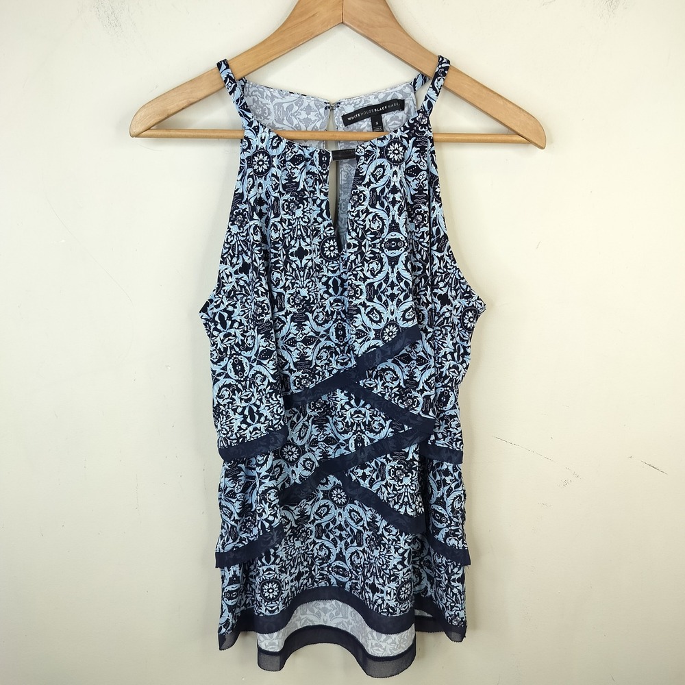 White House Black Market Halter Tank Top Small Floral Tiered Ruffle Blue